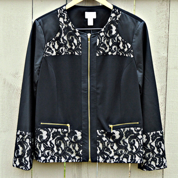 Chico’s Pieced Ponte Lace-Mix Faux Leather Jacket - Picture 2 of 7